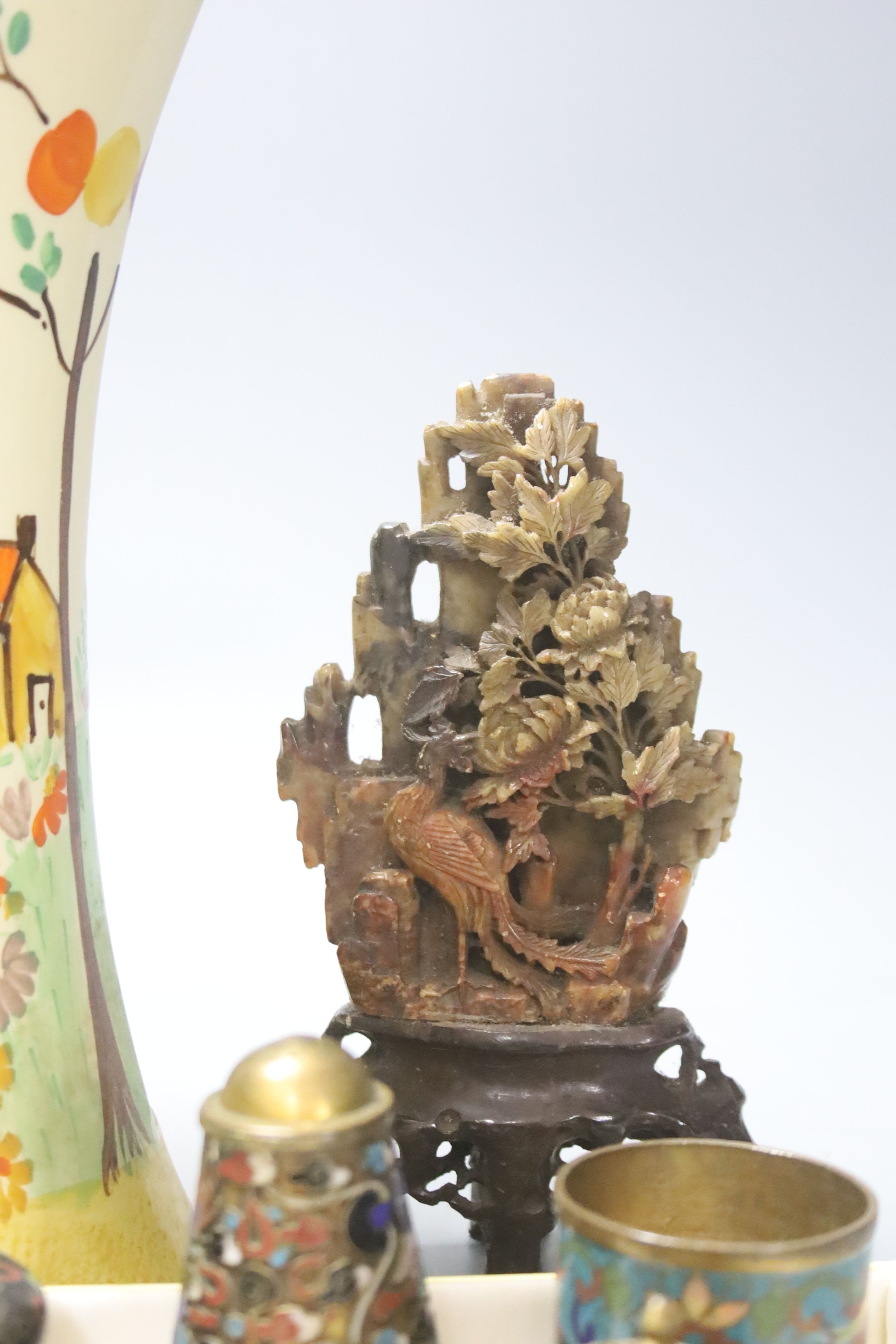 A Chinese soapstone carving, 16cm, a Chinese metal Matchbox holder, and four Chinese cloisonne enamel items